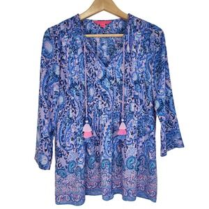 Lilly Pulitzer Marilina Tunic Top Purple Iris Hello Sunshine Blouse XS Tassels